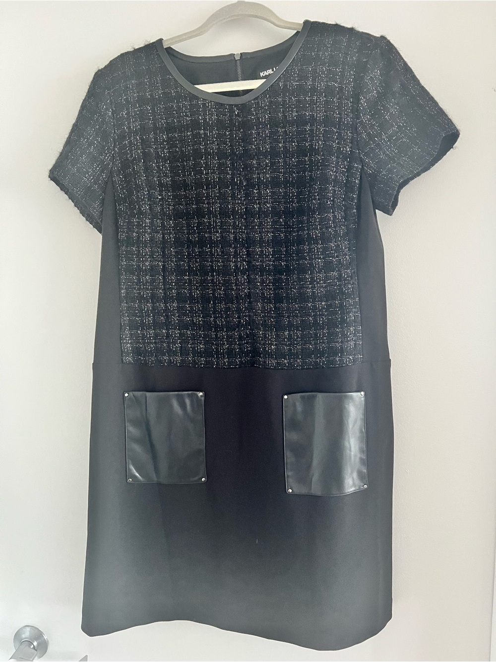 Karl Lagerfeld Black Tweed-Panel Shift Dress with Faux Leather Pockets